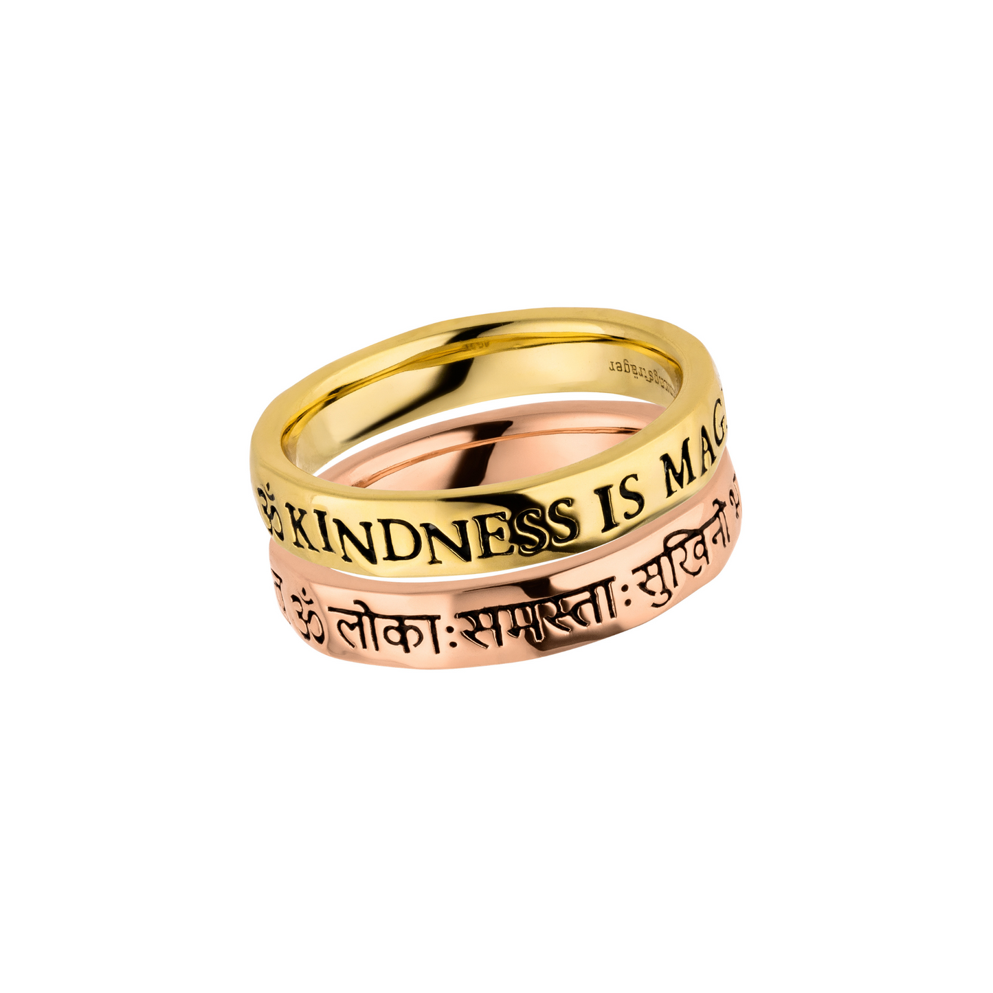 Zwei Mantra-Ringe aus Silber, vergoldet mit „Kindness is Magic“ & Sanskrit-Mantra. Für Mitgefühl, Achtsamkeit & tägliche Erinnerung. Farbkombination wählbar. Jetzt Wunschring entdecken!