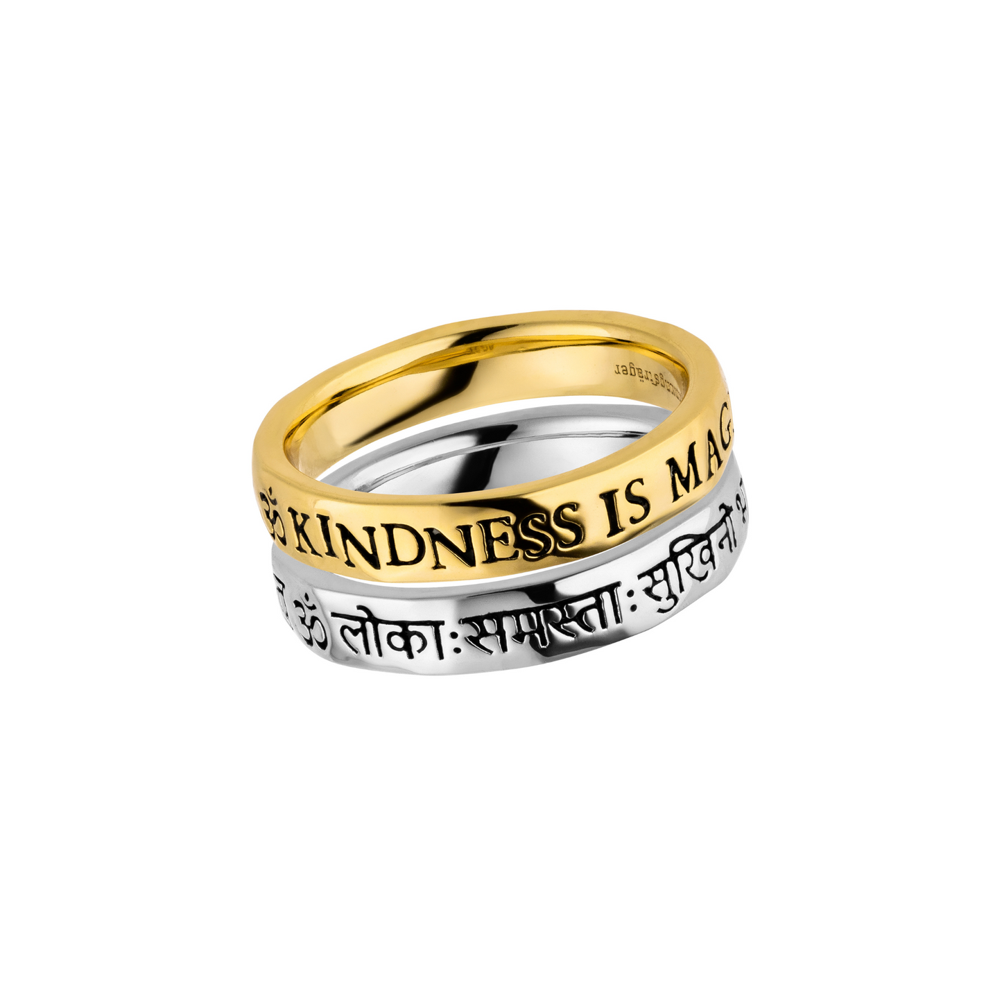 Zwei Mantra-Ringe aus Silber, vergoldet mit „Kindness is Magic“ & Sanskrit-Mantra. Für Mitgefühl, Achtsamkeit & tägliche Erinnerung. Farbkombination wählbar. Jetzt Wunschring entdecken!
