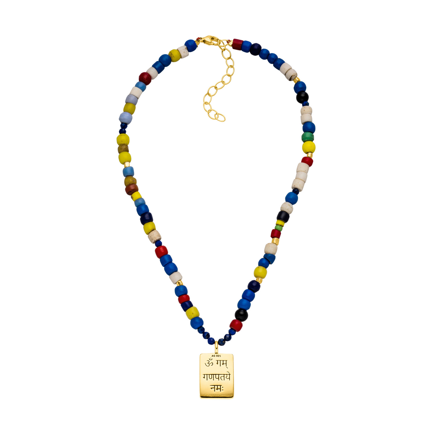 Strahlender Ganesha Choker mit Vintage-Perlen aus Ghana – für Licht, Optimismus & Stärke. Beidseitig tragbar, Länge verstellbar (36–42 cm).