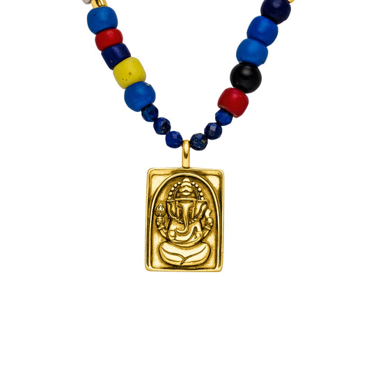 Strahlender Ganesha Choker mit Vintage-Perlen aus Ghana – für Licht, Optimismus & Stärke. Beidseitig tragbar, Länge verstellbar (36–42 cm).