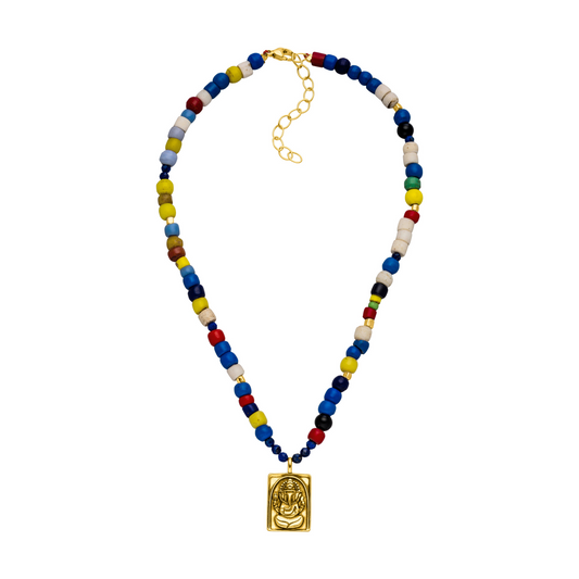 Strahlender Ganesha Choker mit Vintage-Perlen aus Ghana – für Licht, Optimismus & Stärke. Beidseitig tragbar, Länge verstellbar (36–42 cm).